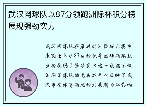 武汉网球队以87分领跑洲际杯积分榜展现强劲实力