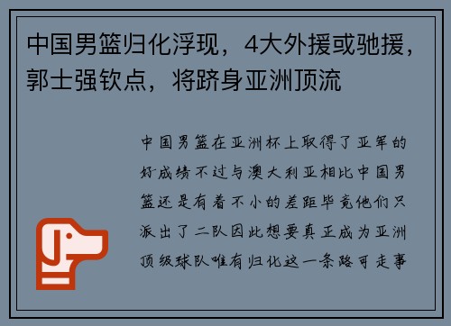 中国男篮归化浮现，4大外援或驰援，郭士强钦点，将跻身亚洲顶流